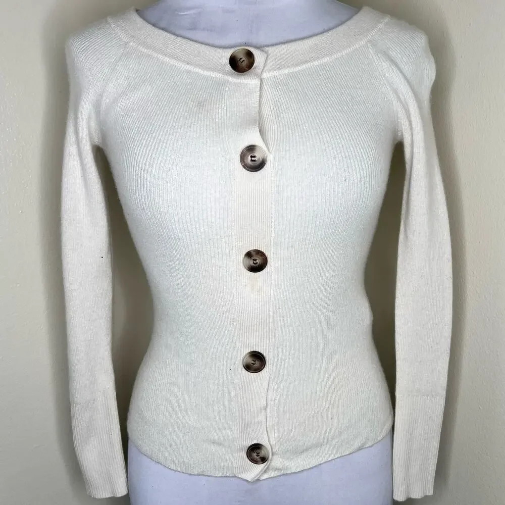 NAADAM Wool & Cashmere Sweater Cardigan Small Cream Ribbed Knit Button Front